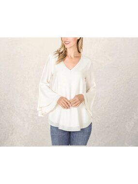 Alfani White Tiered Bell Sleeve Lined Blouse Top Shirt Size 4 V-Neck Tunic